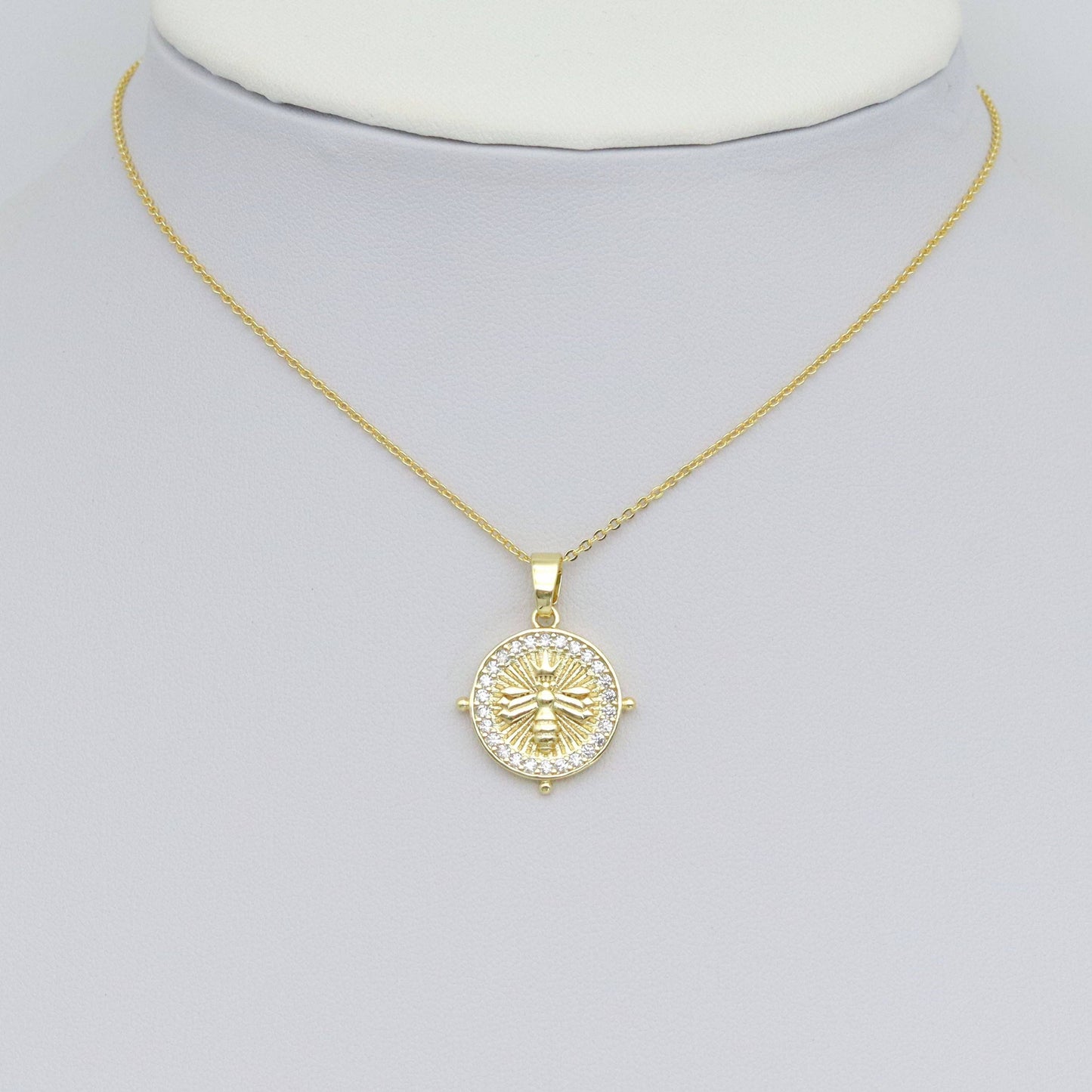 Clear CZ Around Gold Insect Bee On Round Coin Charm Pendant, Sku#LX764