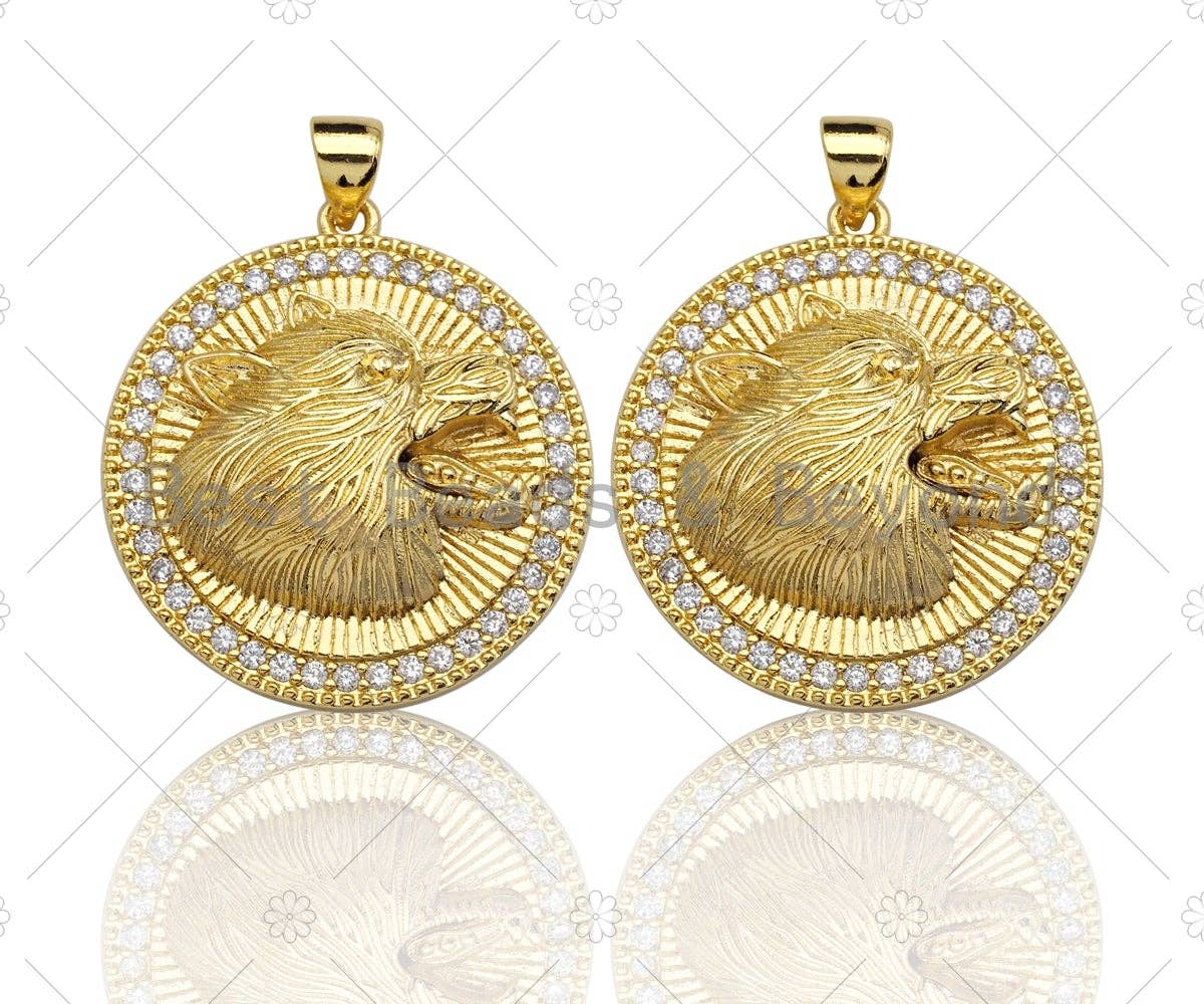 18K Gold Embossment Wolf Head On Round Coin Shape Pendant, Round Charm, Animal Pave Pendant, Gold plated, 25mm, Sku#LK60