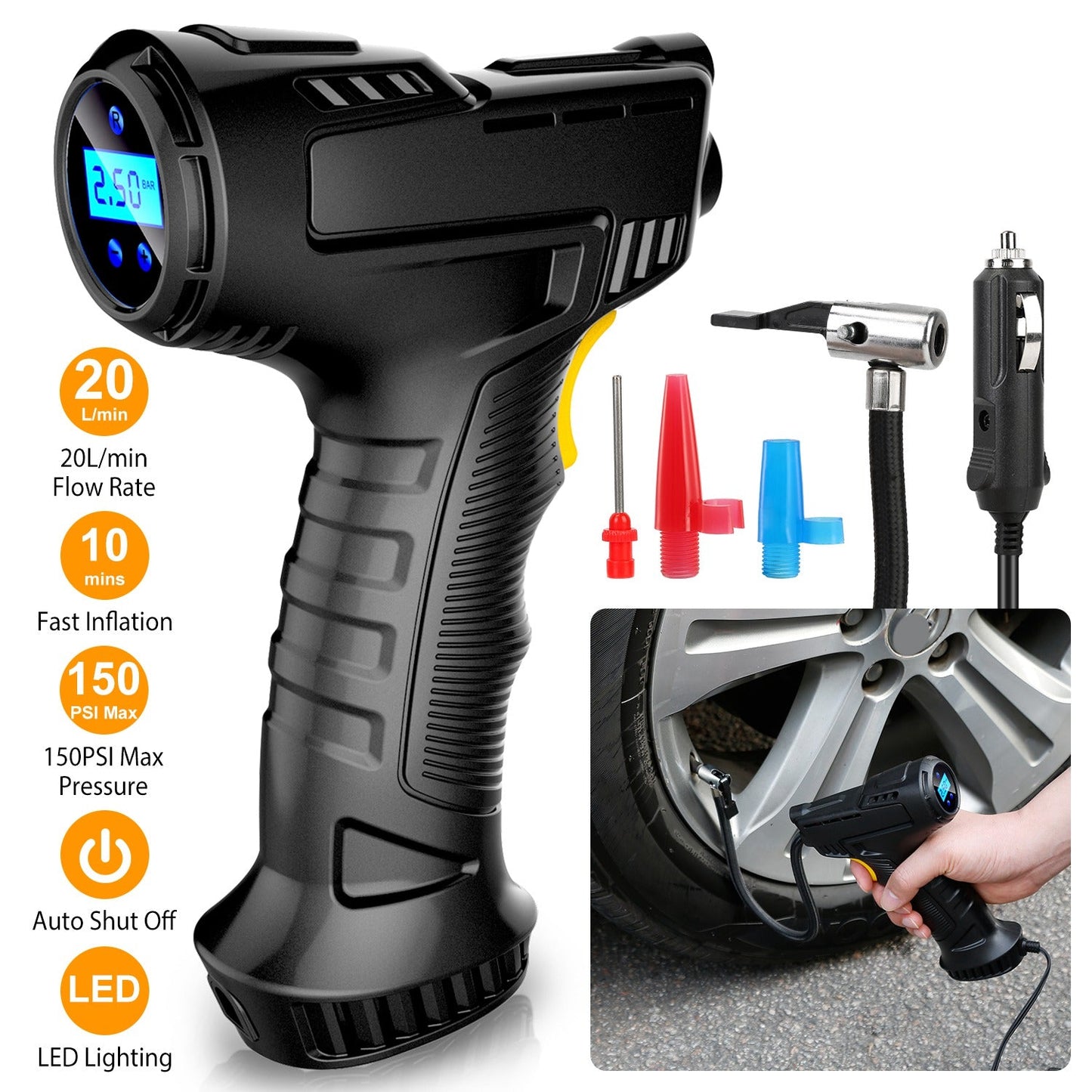 Portable Car Tire Inflator for Auto Use and Quick Inflate