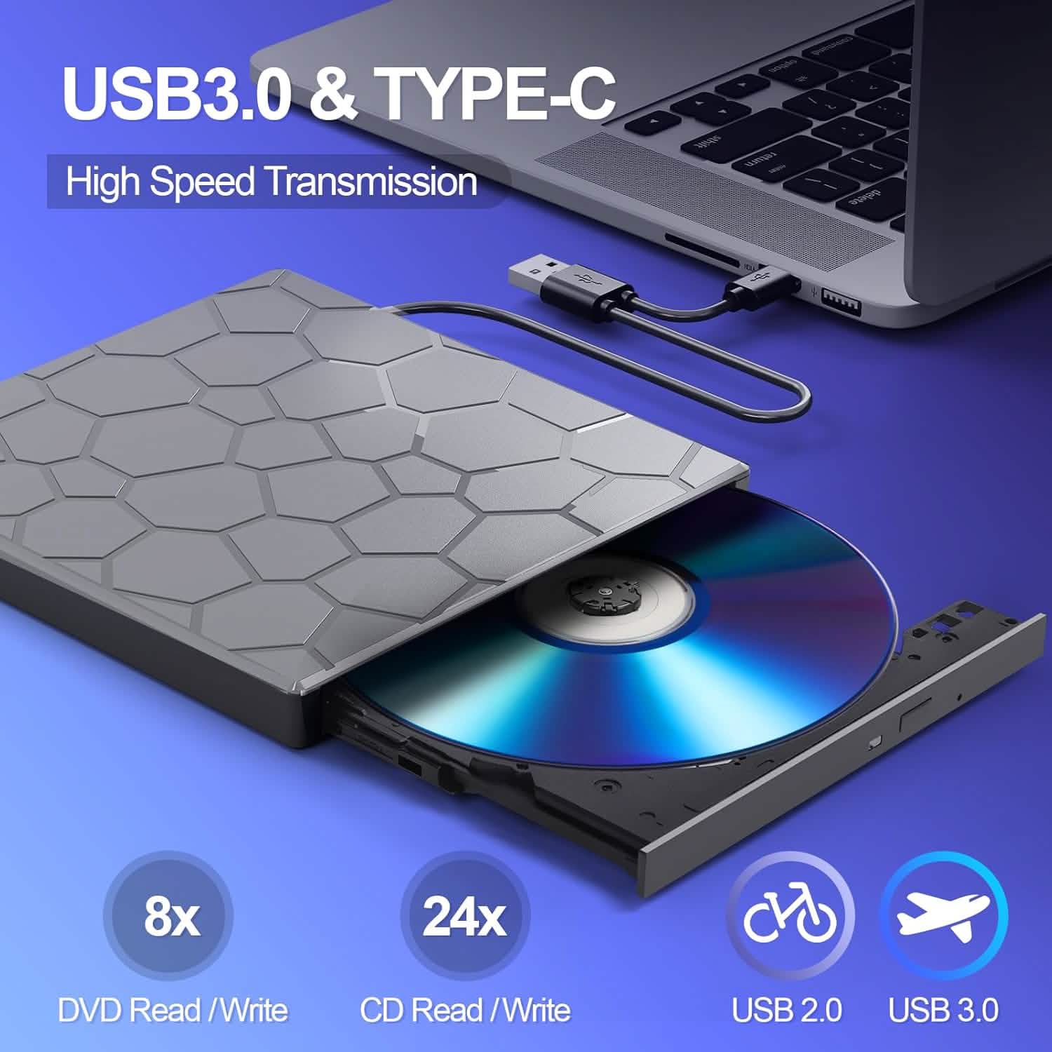 高速USB 3.0外付けCD/DVDドライブ バーナー付き – プラグ＆プレイ、Windows＆Mac対応