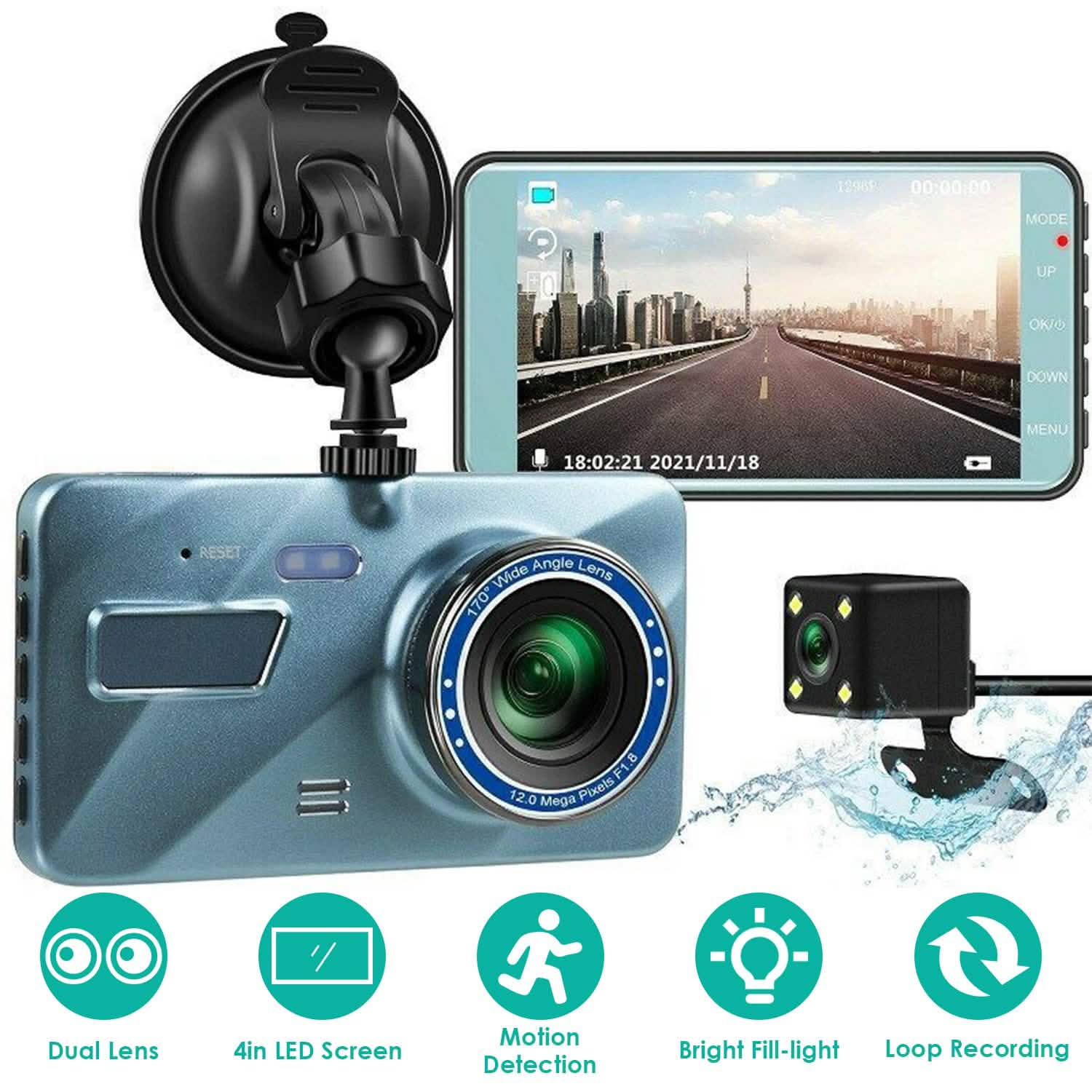 Enregistreur caméra de bord double 720P avec éclairage à détection de mouvement