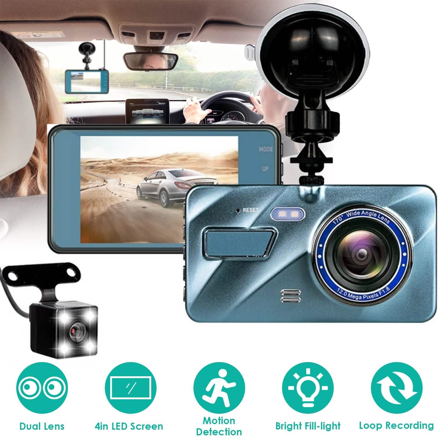 Enregistreur caméra de bord double 720P avec éclairage à détection de mouvement