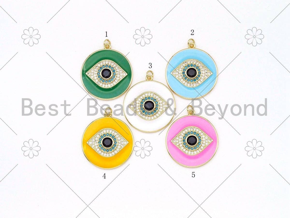 Large CZ Micropave Evil Eye On Colorful Enamel Round Coin Shape Pendant, 18k Gold Filled Protection Eye Enamel Charm,30mm,Sku#LK420