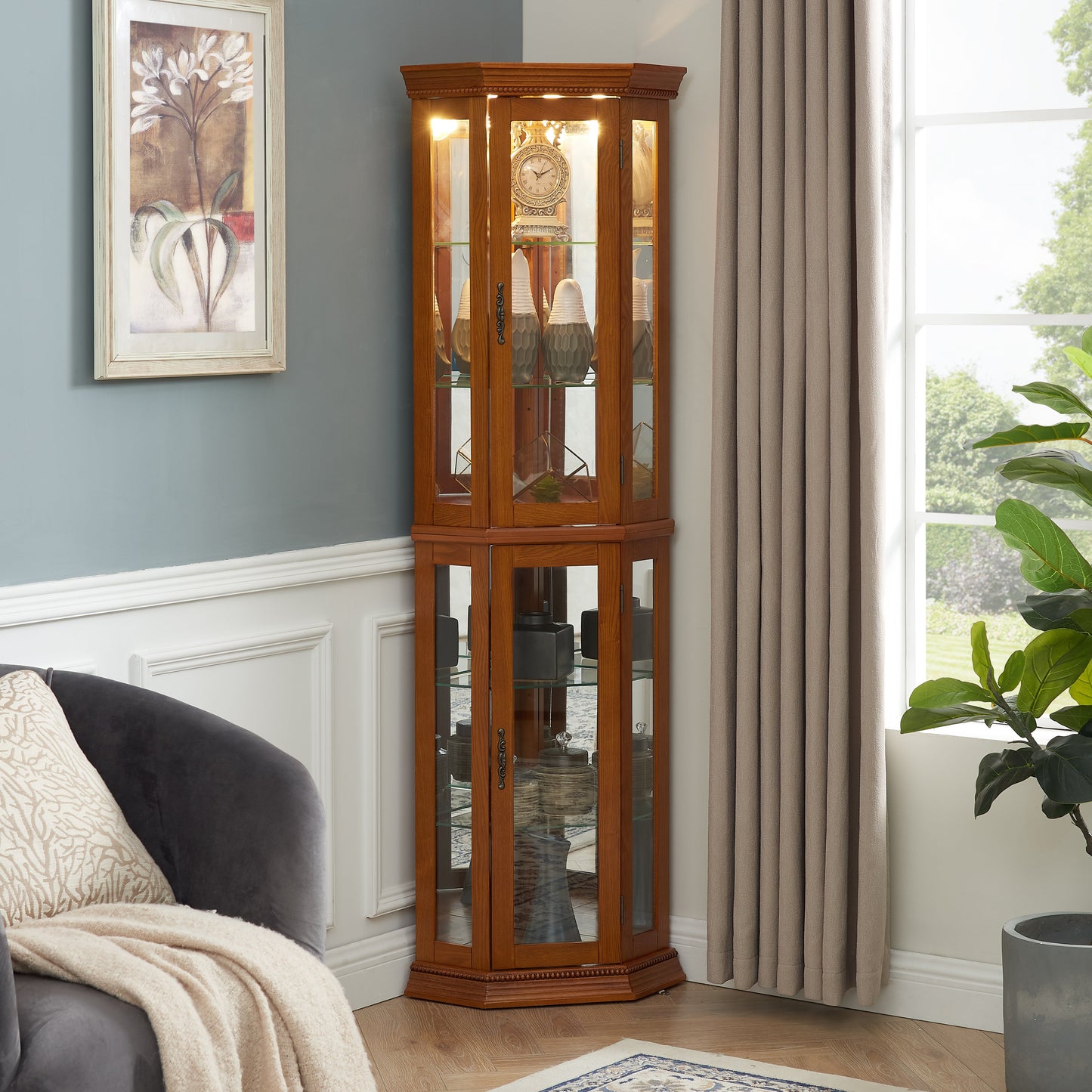 Corner Curio Cabinet with Lights, Adjustable Tempered Glass Shelves, Mirrored Back