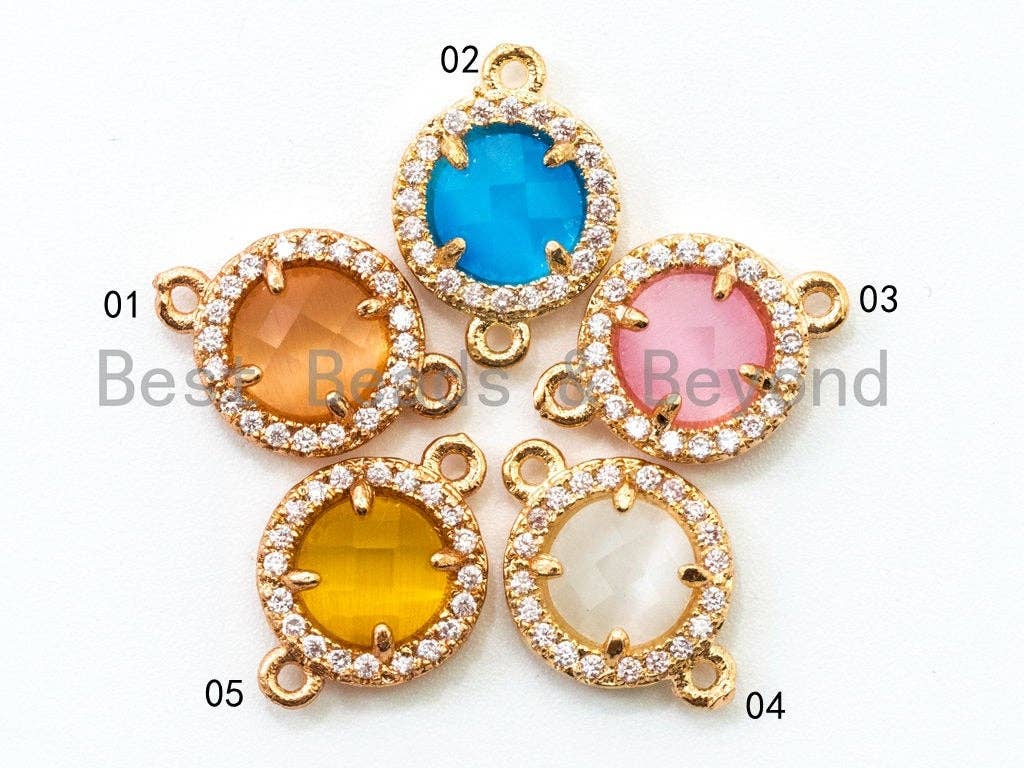 Round Bezel Connector with Faceted Cat's Eye Stone,Peach/Blue/Pink/White/Topaz, 9x13mm,sku#A73