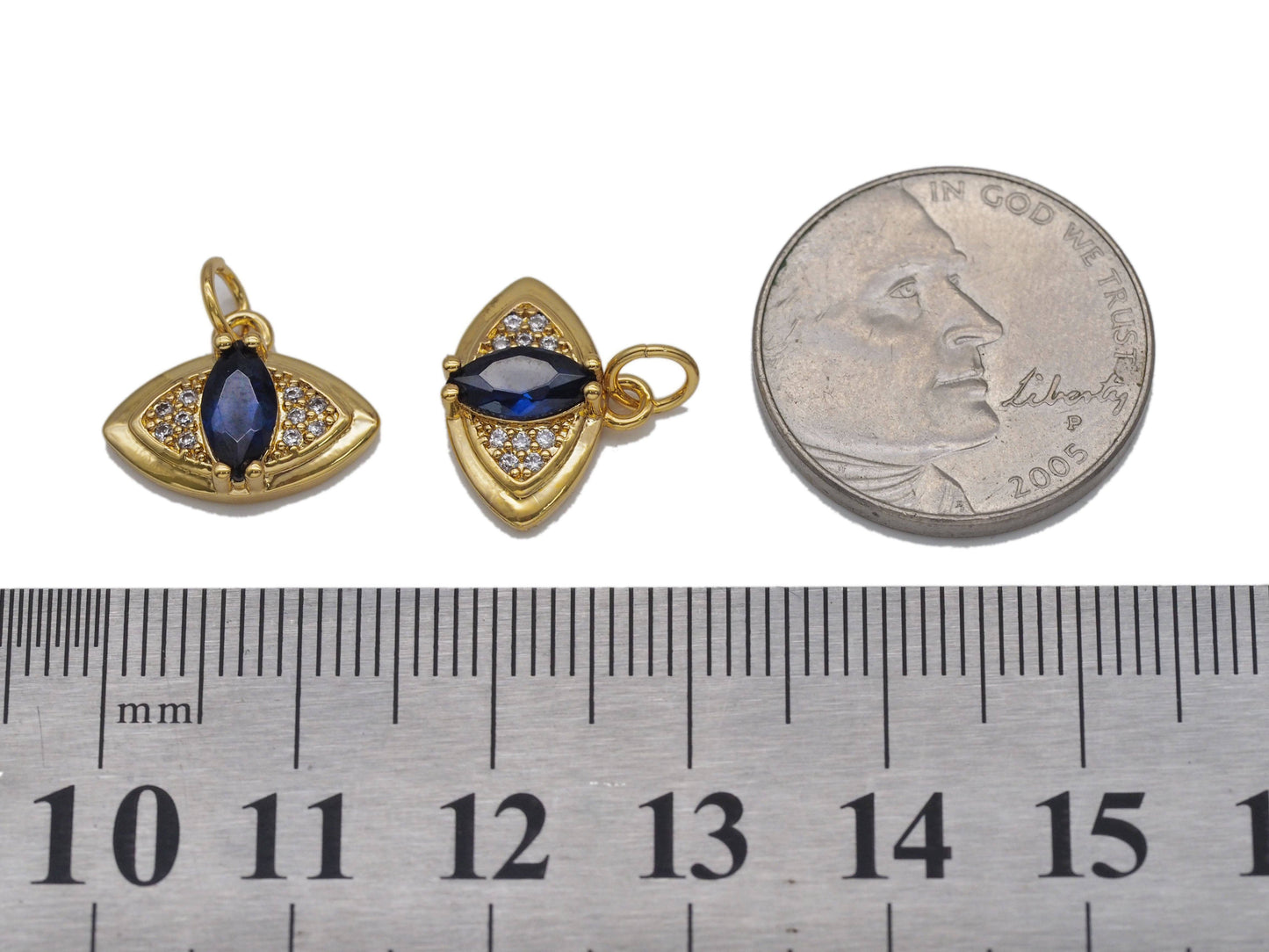 Gold Oval Cobalt Stone Evil Eye Charm, Sku#Y745