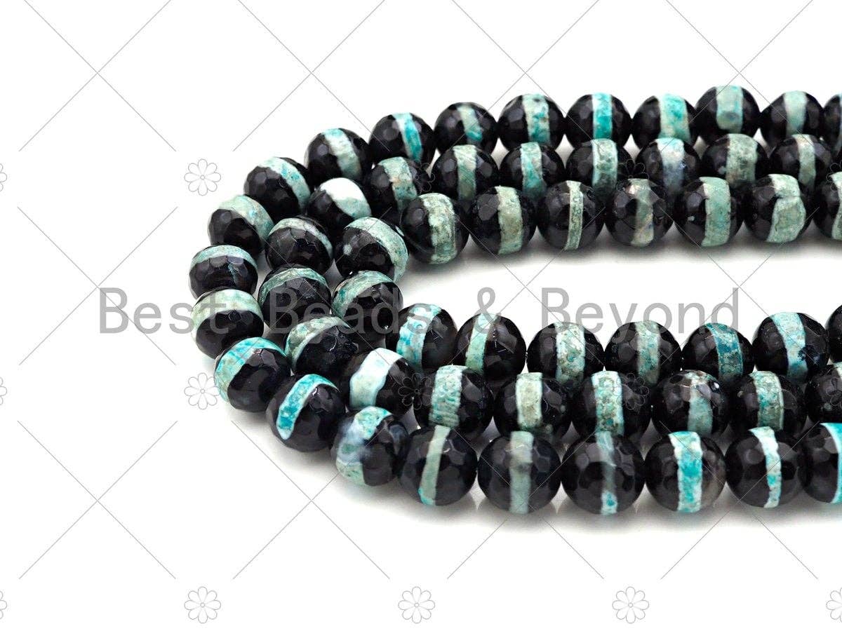 Dzi Agate Faceted Round Beads with Blue Line, 6mm/8mm/10mm/12mm, Light Blue Black Tibetan Beads, Agate Beads, 15.5'' Full Strand,Sku#U1071