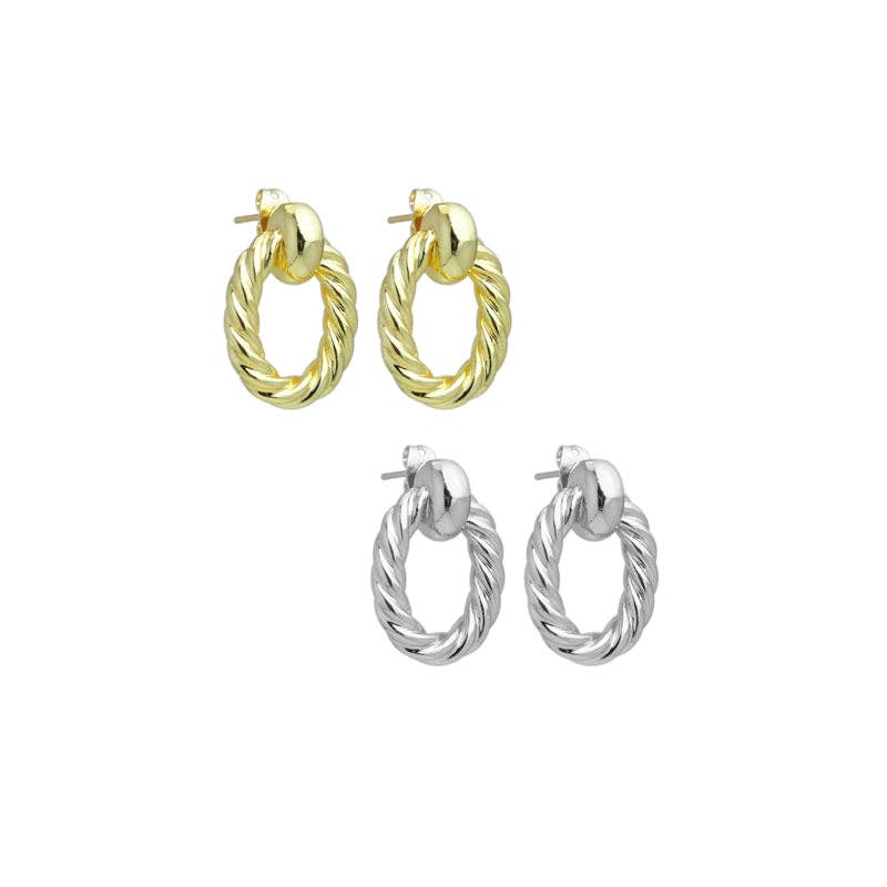 Slippy Gold Silver Twisted Oval Shape Stud Earrings, Sku#LX638