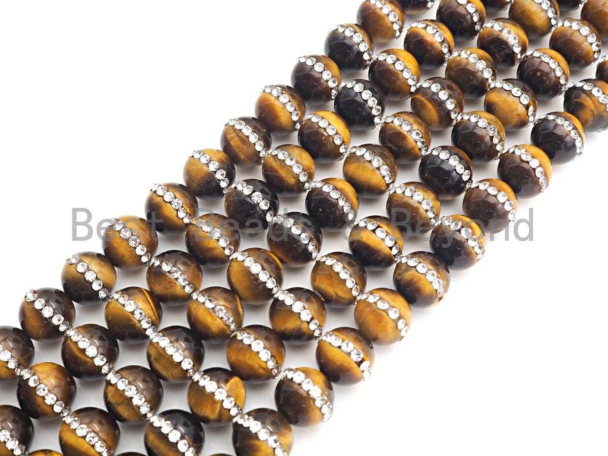 High Quality Yellow Tiger Eye with rhinestone inlaid, 6mm/8mm/10mm/12mm/14mm, Tiger eye Beads, 15.5inch Full strand, SKU#V51