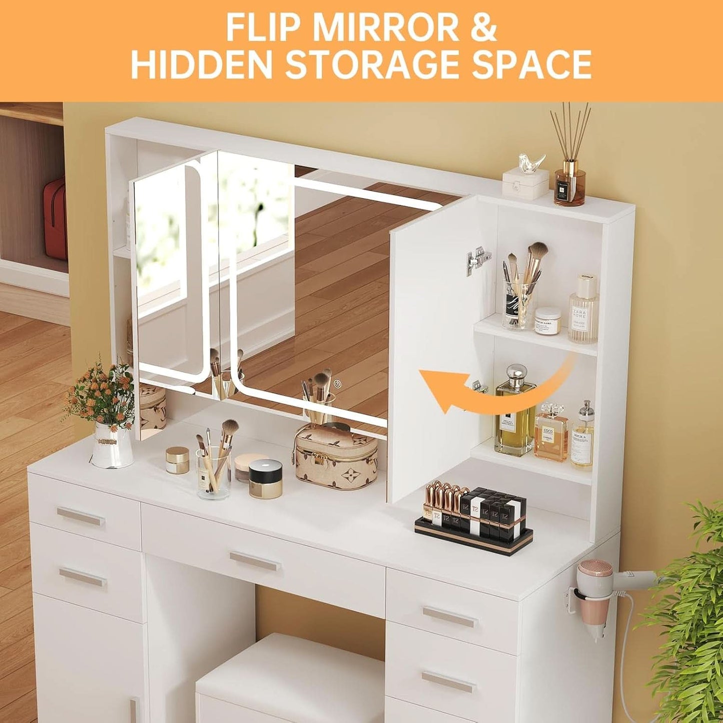 White Premium Vanity Desk Featuring Oversized Mirror
