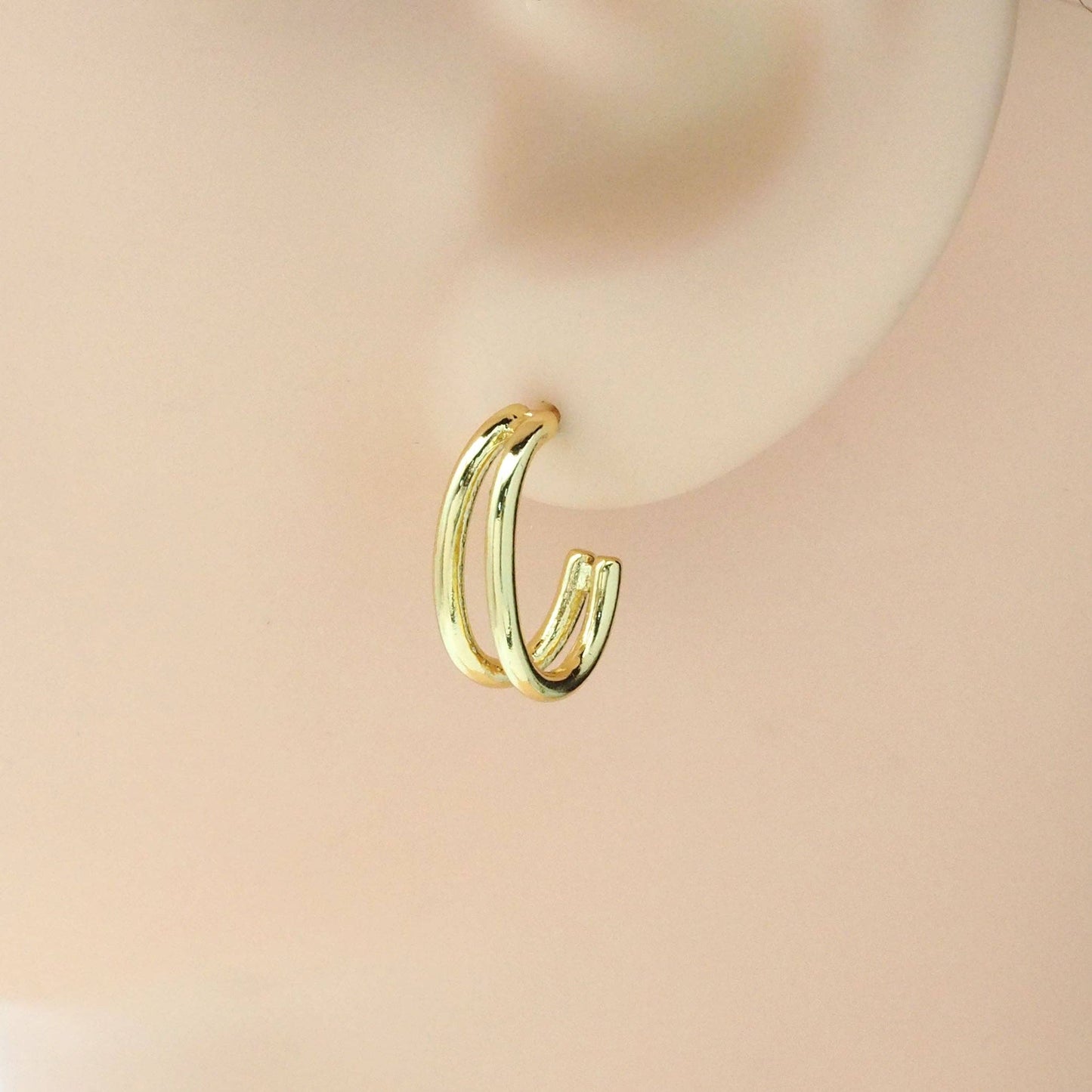 Gold Cute Double line Oval Hoop Stud Earrings, Sku#LK814