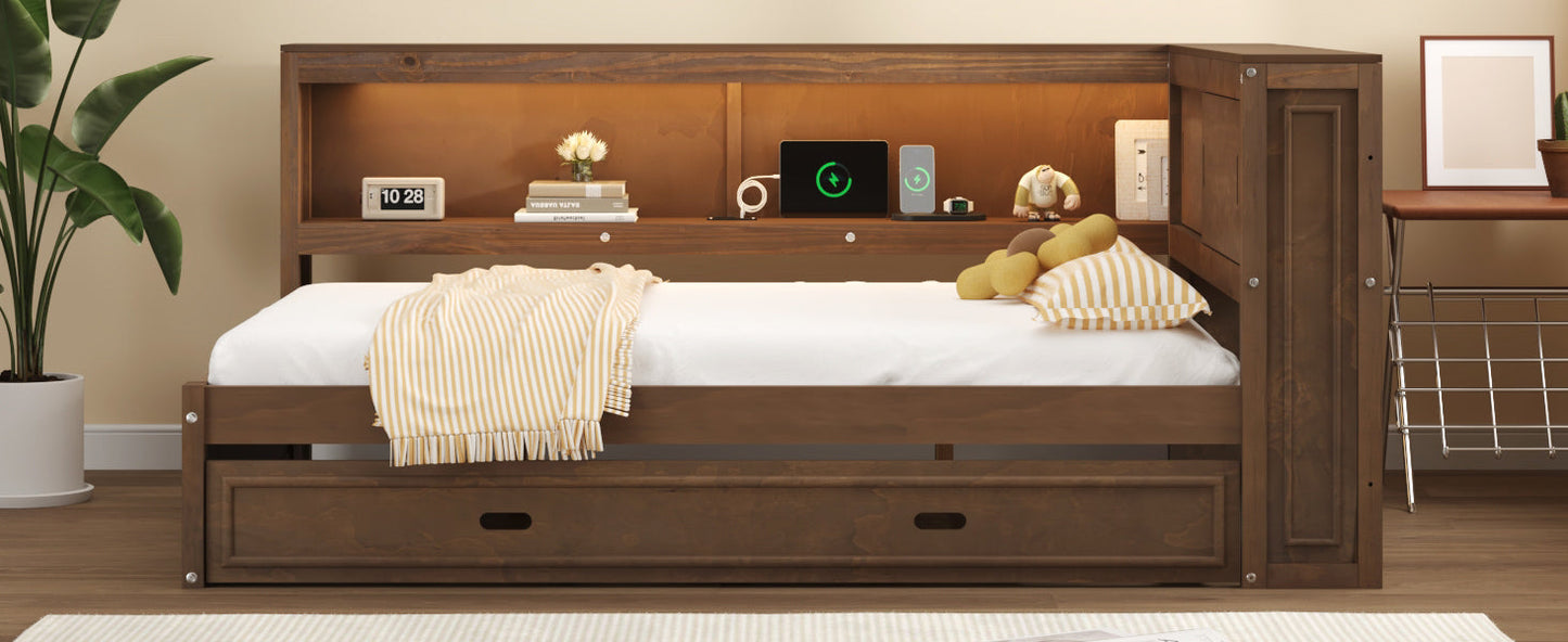 Full Size Wood Daybed with Storage Shelves, USB, LED, and Trundle