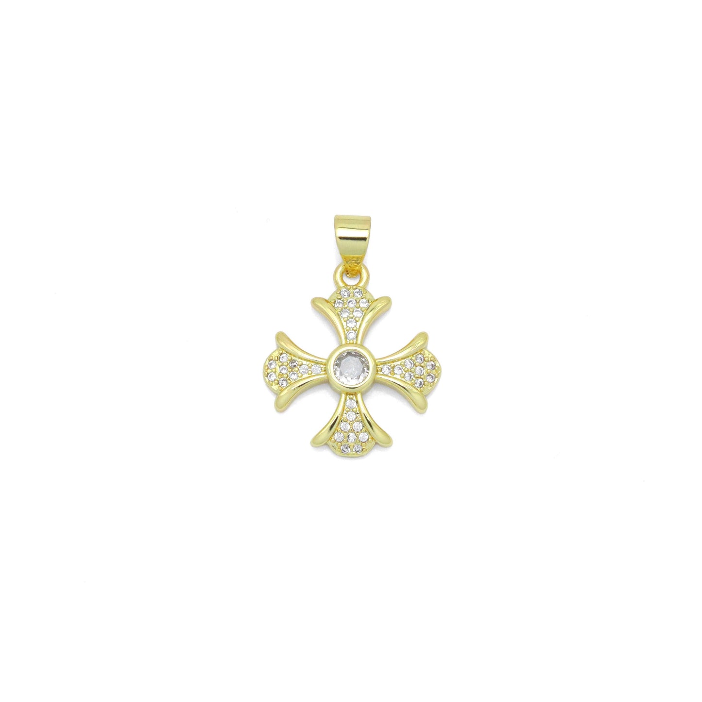 Gold Clear CZ Cross Flower Charm Pendant, Sku#LK986