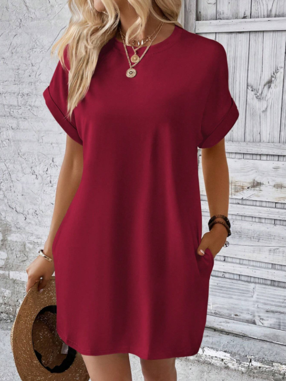 Round Neck Short Sleeve Mini Tee Dress with Pockets