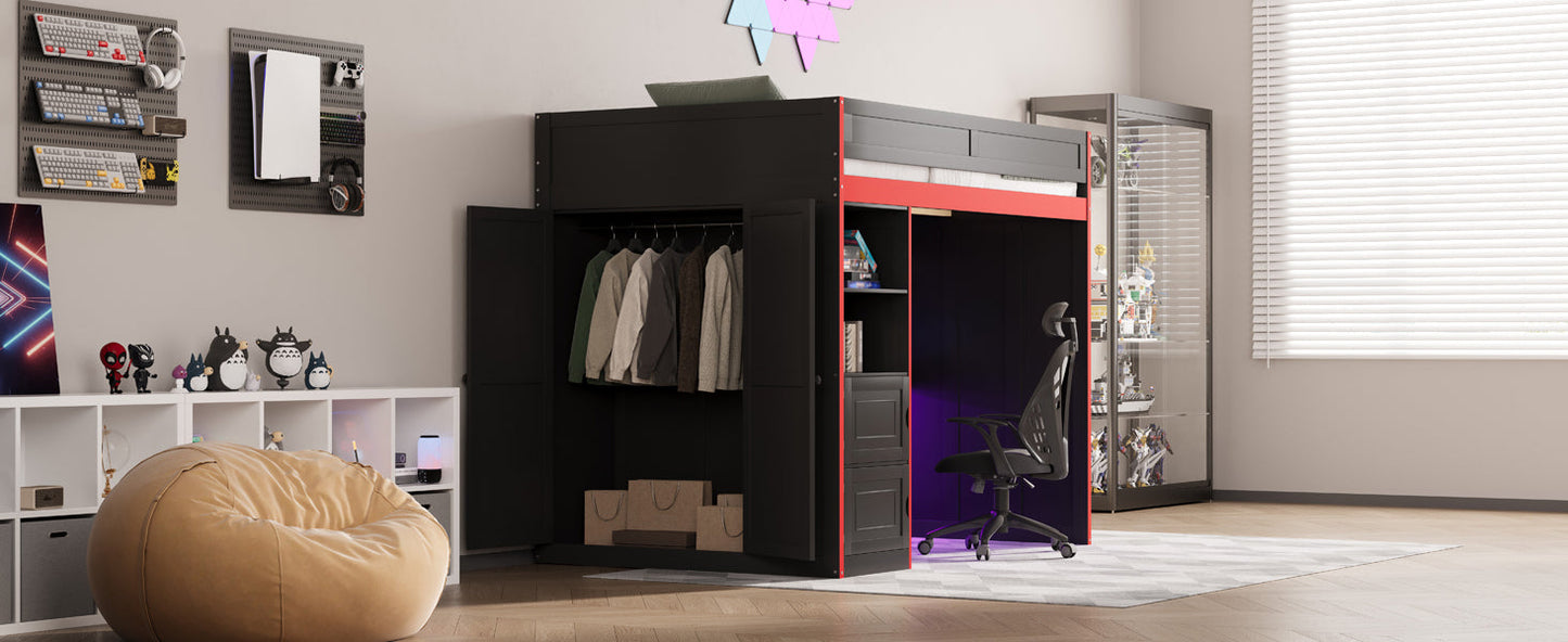 Gaming Loft Bed with Desk and Storage, LED Lights, Full