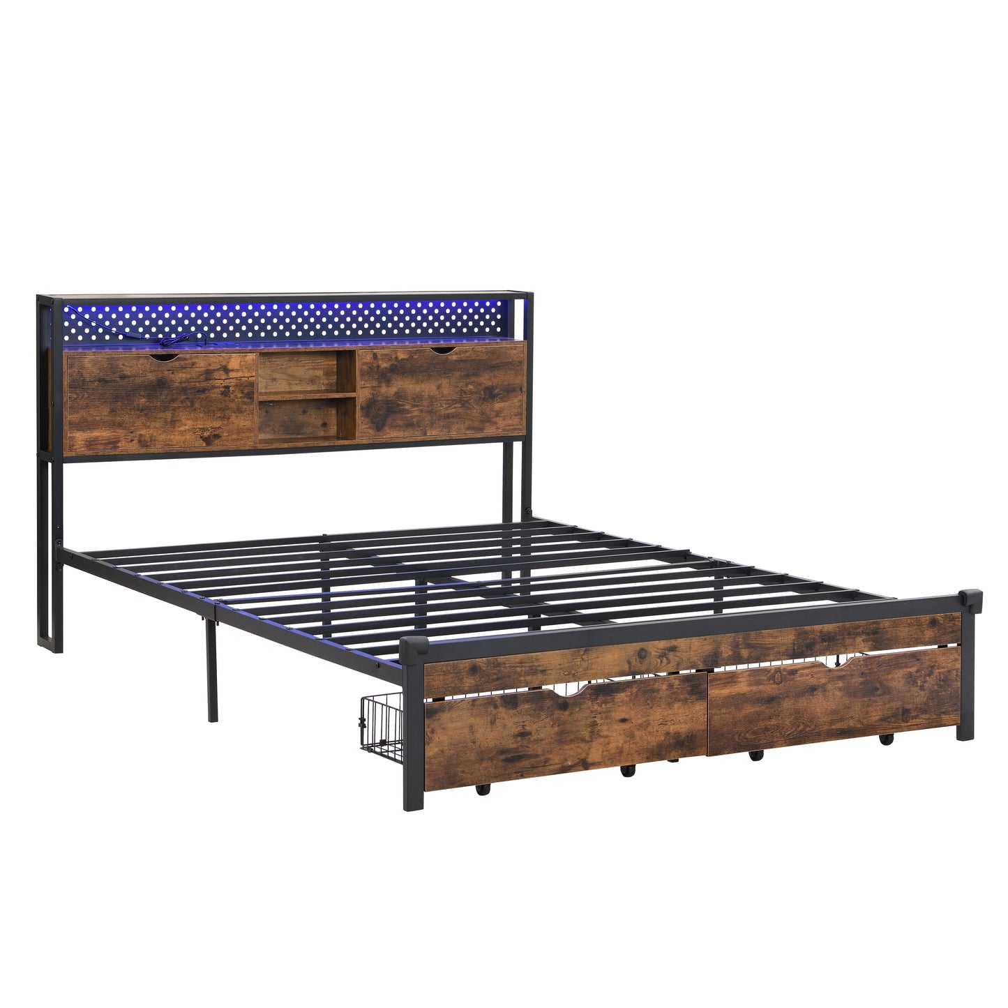 Queen Size Metal Platform Bed Frame with Wooden Headboard