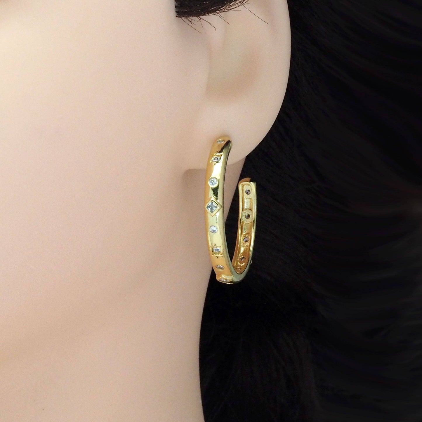 Gold Clear Diamond CZ Hoop Earrings, Sku#LK845