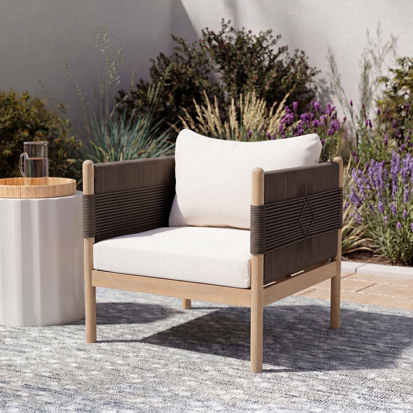 Outdoor Acacia Wood Club Chair with Diamond Rope Weave & Cushions