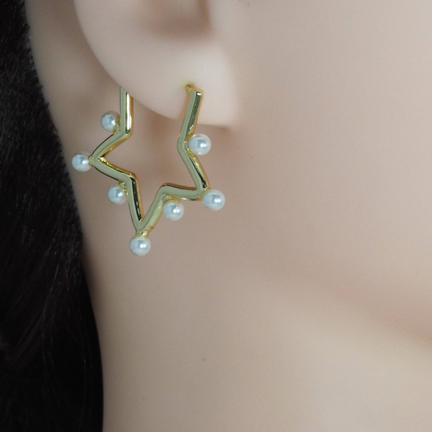 CZ Five Point Star Pearl Stud Earrings, Sku#LD387