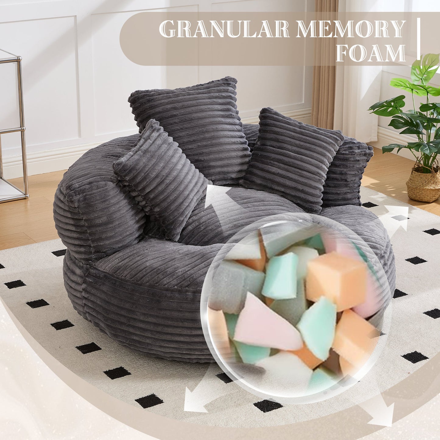 Single Bean Bag Chair with Pillows & Armrest