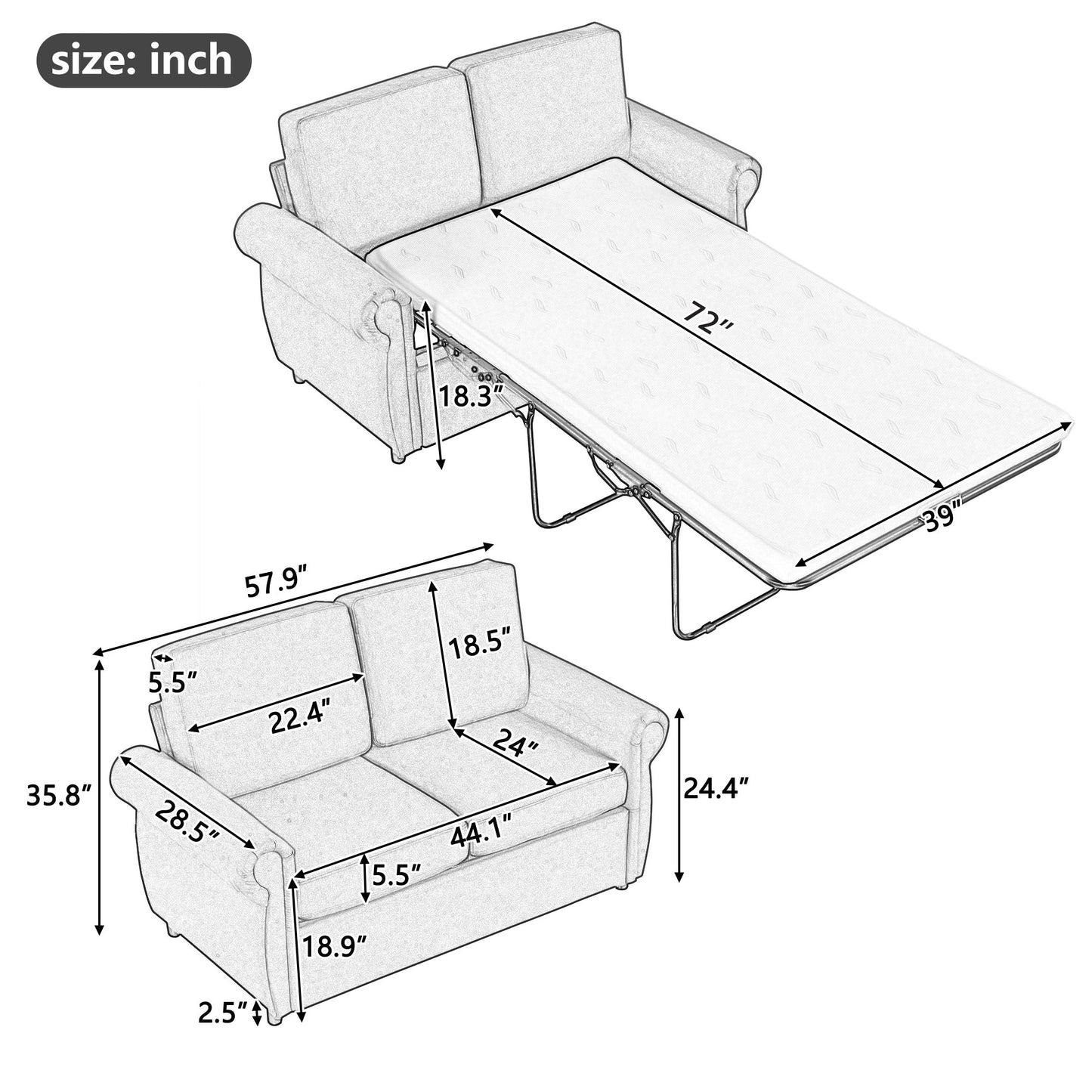 57.9" Orisfur Pull Out Sofa Bed Loveseat