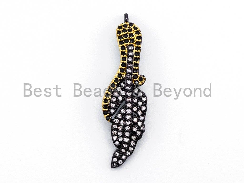 Dual Color Plated, CZ Micro Pave Leaf/Feather Pendant, Cubic Zirconia Pendant, 10x36mm, 1pc, SKU#F350