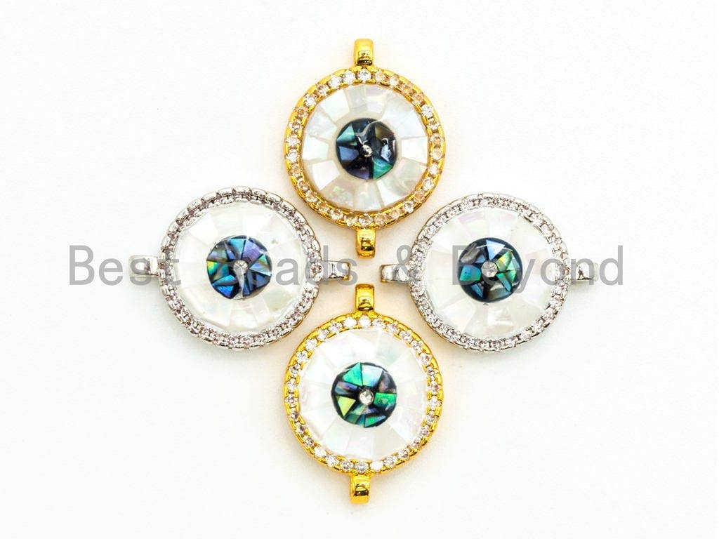 CZ Micro Pave Evil Eye Round Connector with Abalone Pearl Shell, Cubic Zirconia Space Connector, CZ Abalone Stone Charm 13x17mm, 1pc,SKU#Z29