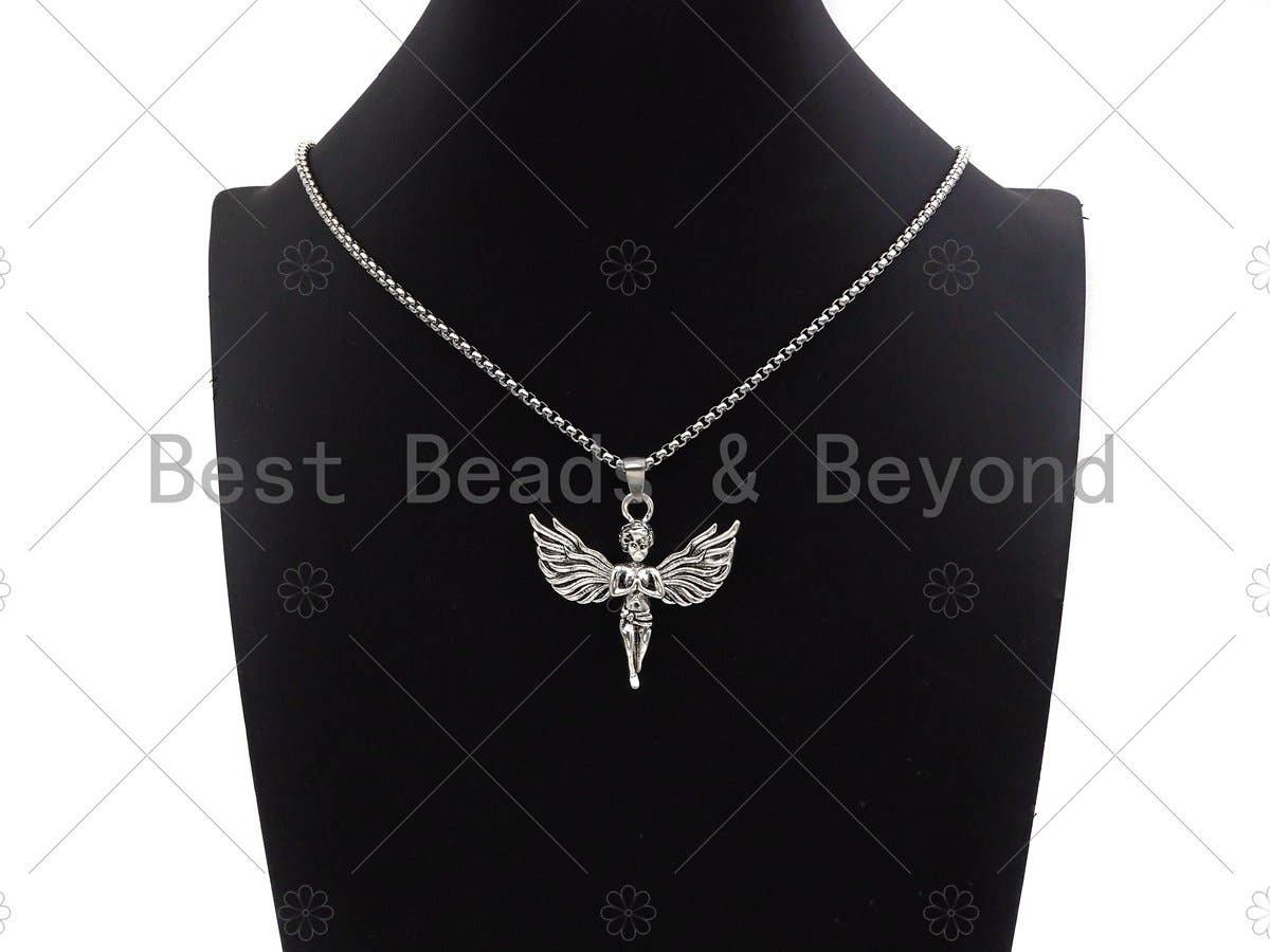 Protecion Angel Pendant Stainless Steel Necklace-Men's Necklace - Symbolic Jewelry - Silver Chain Pendant Necklace, sku#L345
