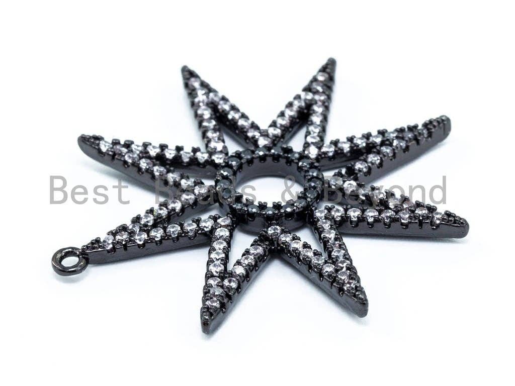 CZ Micro Pave 37mm Eight Points Star Pendant Charm, Black Clear CZ Pave in Gold Silver Rose Gold Finish, Star Pendant Charm,sku#B16