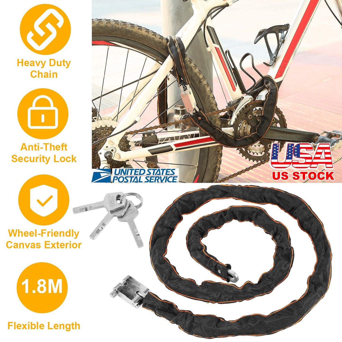 Bike Chain Lock with 3 Keys for Everyday Bicycle Security