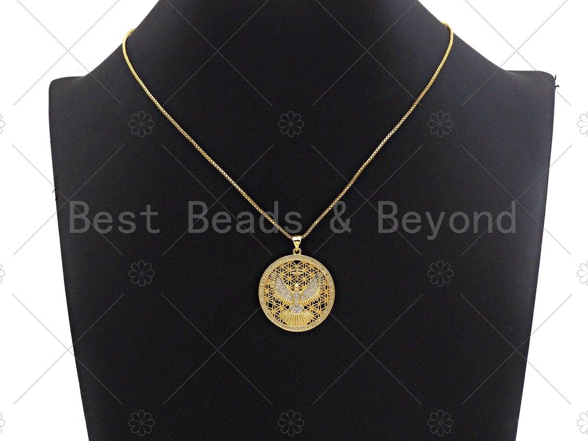 18K Gold Hollow Out Tercel On Round Coin Shape Pendant, Eagle Round Charm, Animal Pave Pendant, Gold plated,mm, Sku#LK53