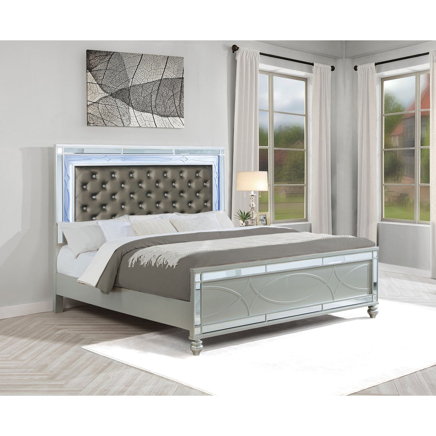 Karmen Metallic Upholstered Tufted Eastern King Panel Bed
