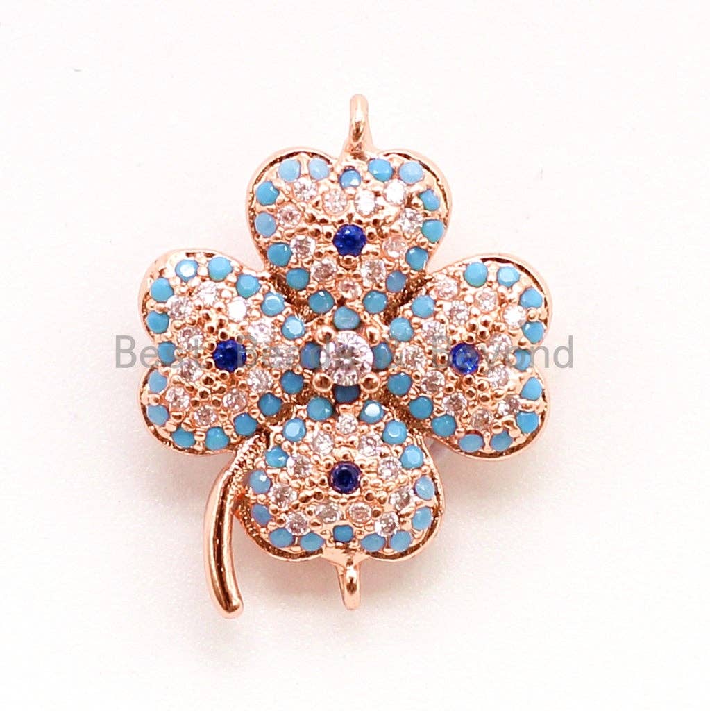 CZ Micro Pave Turquoise Cobalt Four-leaf Clover Connector, Clear Cubic Ziroconia Space Connector 16mm, Jewelry Findings,sku#E24