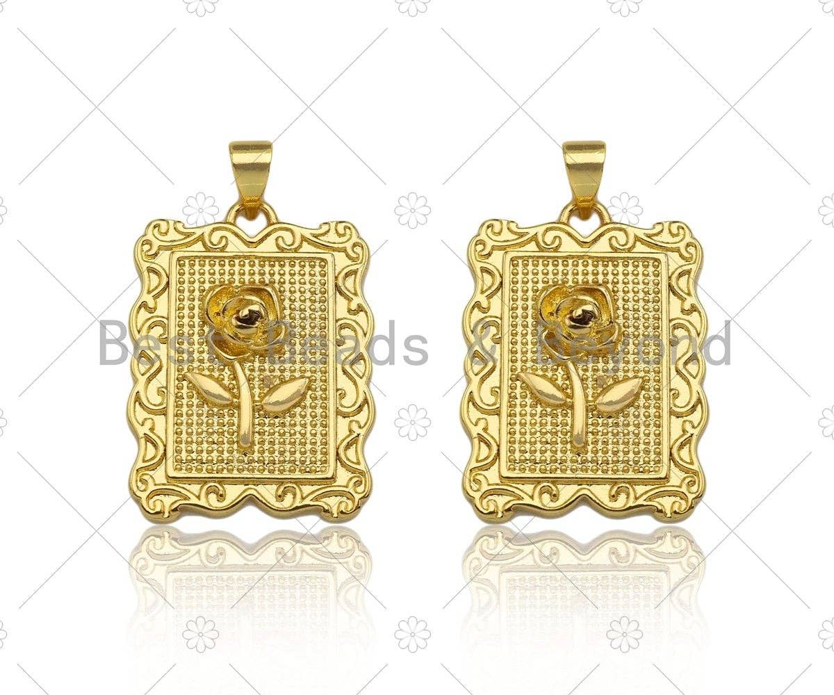 18K Dainty Gold Rose Flower Rectangle Charm, sku#LK231