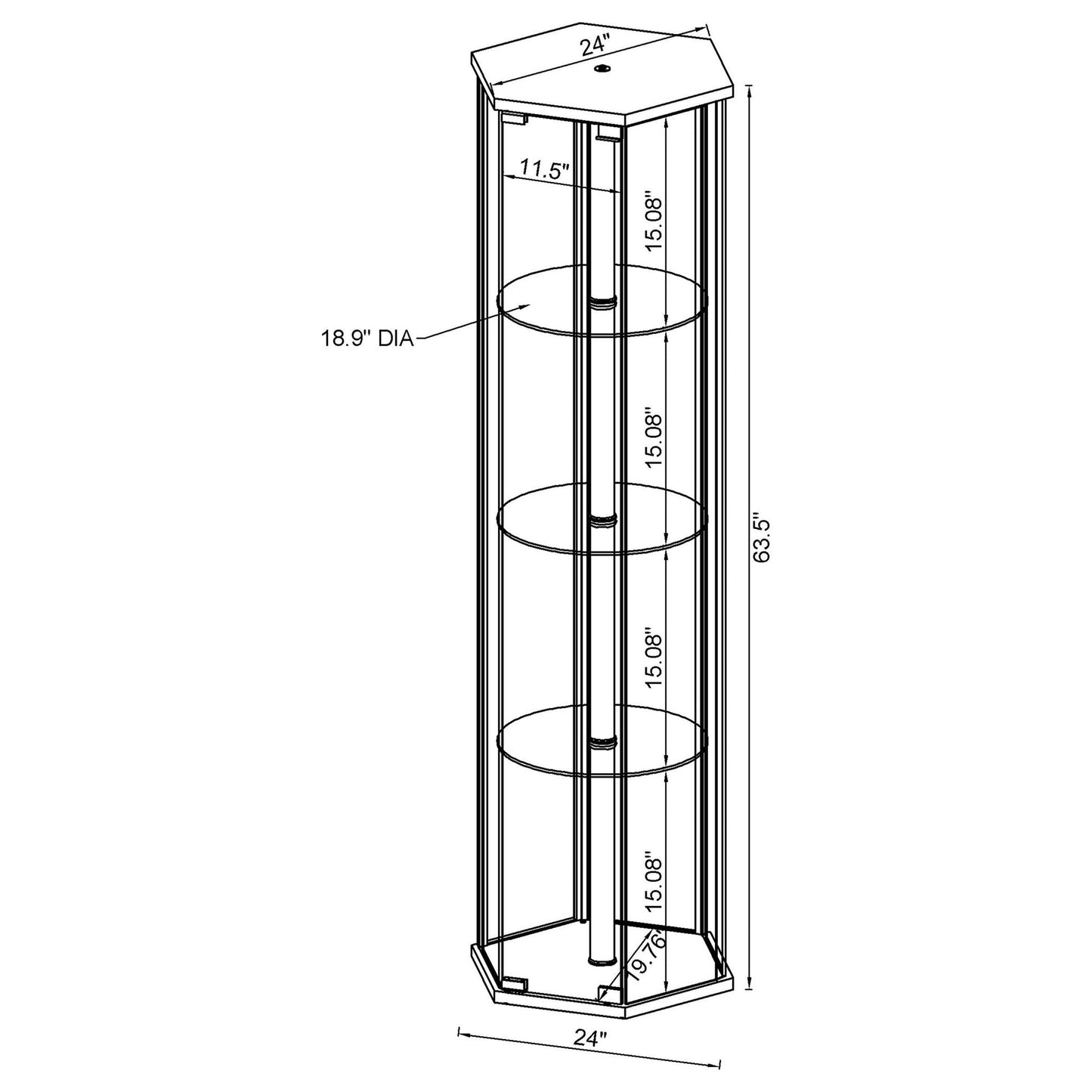 Zahavah 4-shelf Hexagonal Clear Glass Curio Cabinet Black