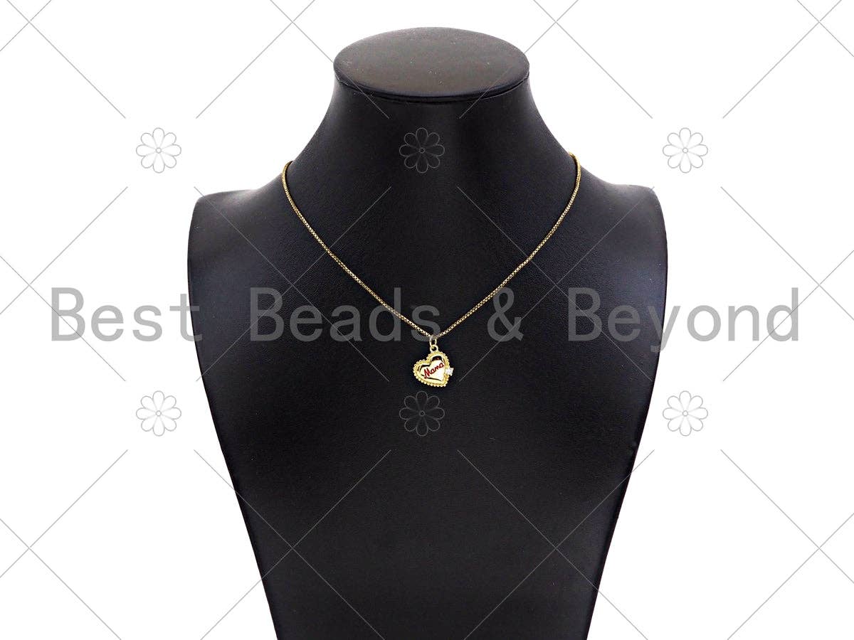 Gold Filled CZ Micro Pave Red Enamel Mama Word On Heart Shape Pendant, 18K Gold Filled Charm, Necklace Bracelet Charm,14x15mm,Sku#LK329