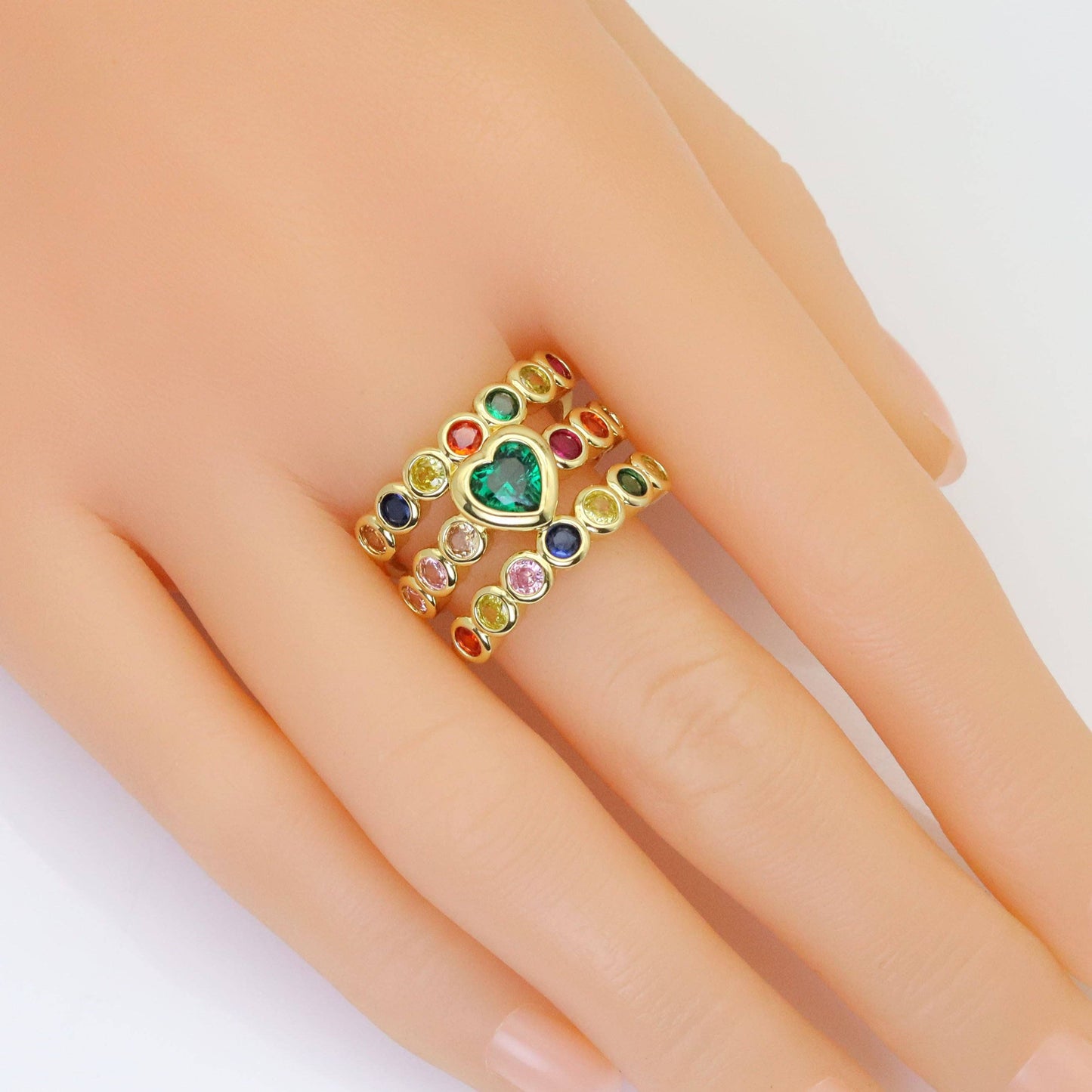 Colorful CZ Green Heart Multiline Gold Adjustable Ring, Sku#Z1480