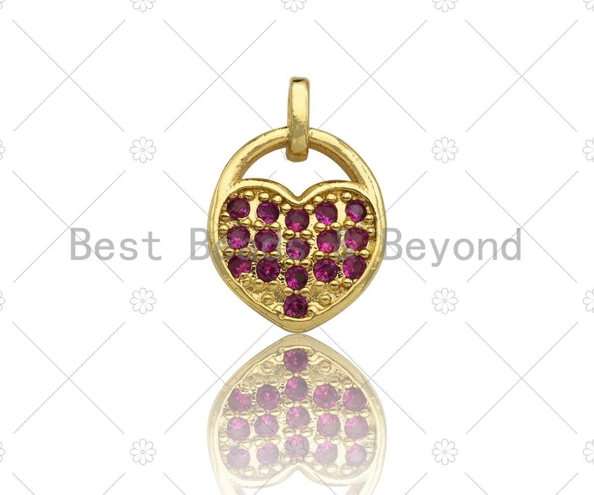 CZ Micro Pave Fuchsia Heart Lock Charm, Fuchsia CZ Heart Charm, Lock Pave Pendant, Gold Lock, 11x15mm, Sku#LK79