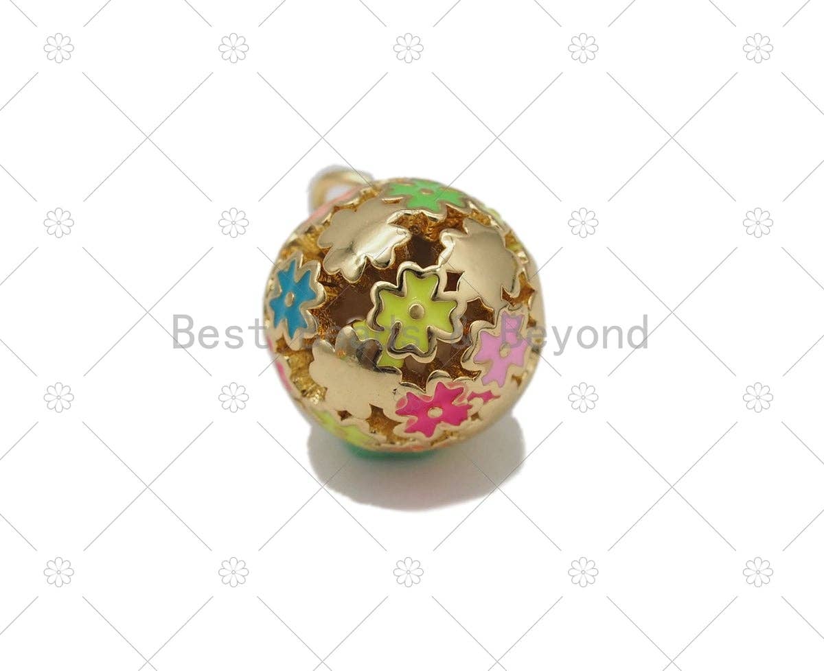 Colorful Enamel Flower/Star/Smiley Face On Round Ball Shape Pendant,18K Gold Filled Ball Charm, Necklace Bracelet Charm Pendant, Sku#LD181