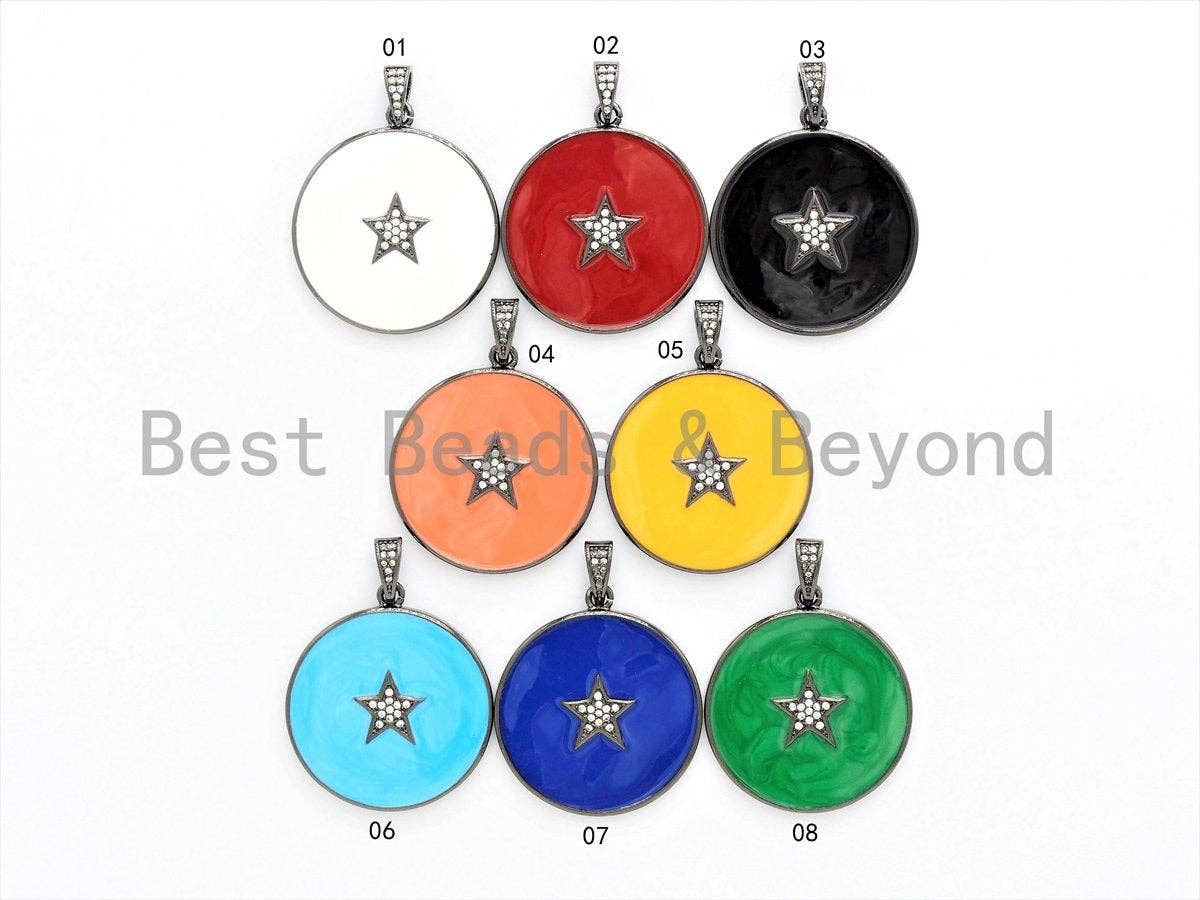 NEW Colorful Enamel Star on Disc Pendant,Cubic Zirconia Pave Pendant, Red/Blue/Pink/Orange/Yellow/White/Green Star Charms, 30*35mm, SKU#F613