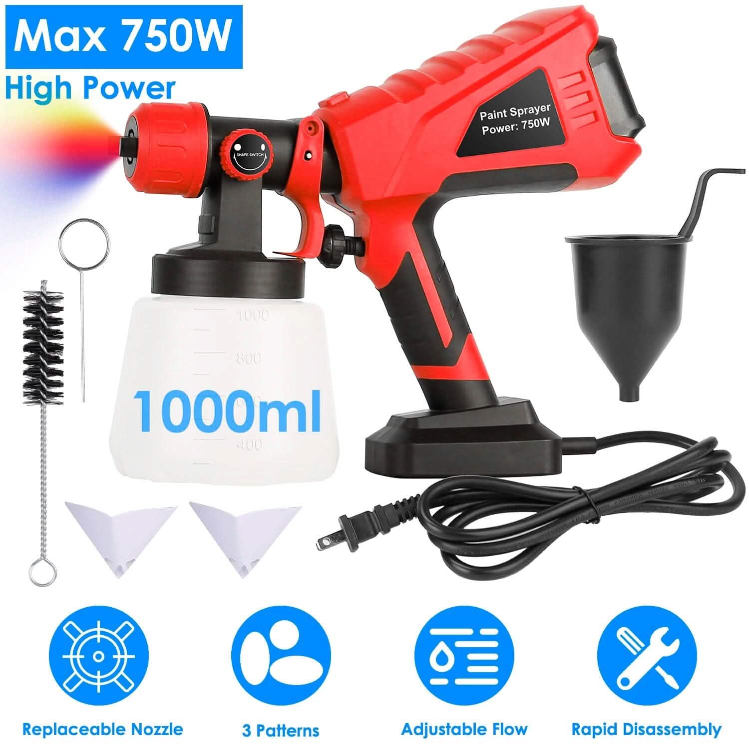 750W Electric Paint Sprayer Handheld with 3 Spray Patterns