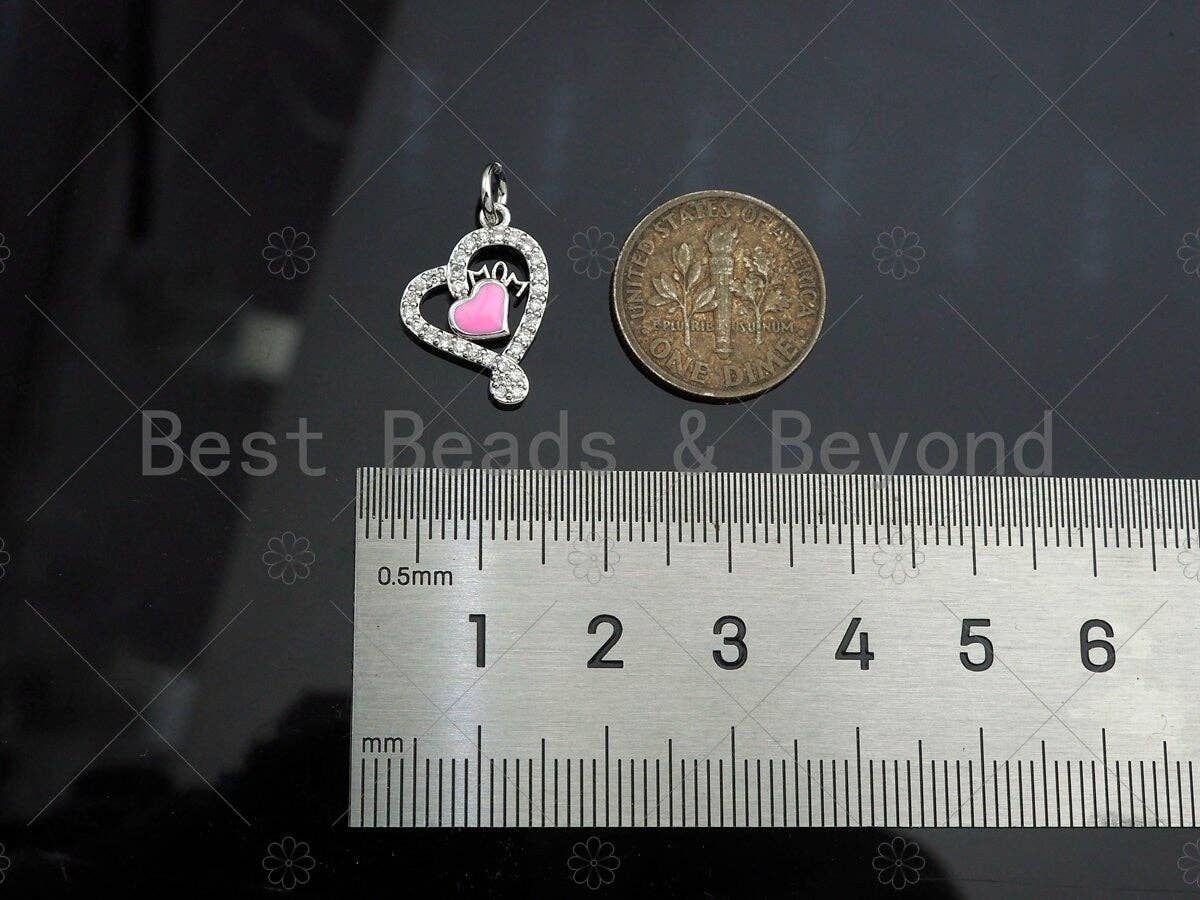 CZ Micro Pave Pink Enamel Mom Heart Shape Pendant, Sku#L500