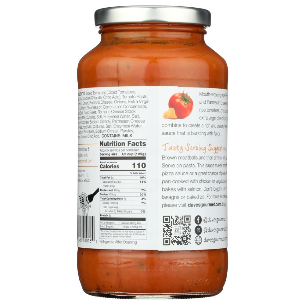 DAVES GOURMET: Creamy Parmesan Romano Pasta Sauce, 25 oz