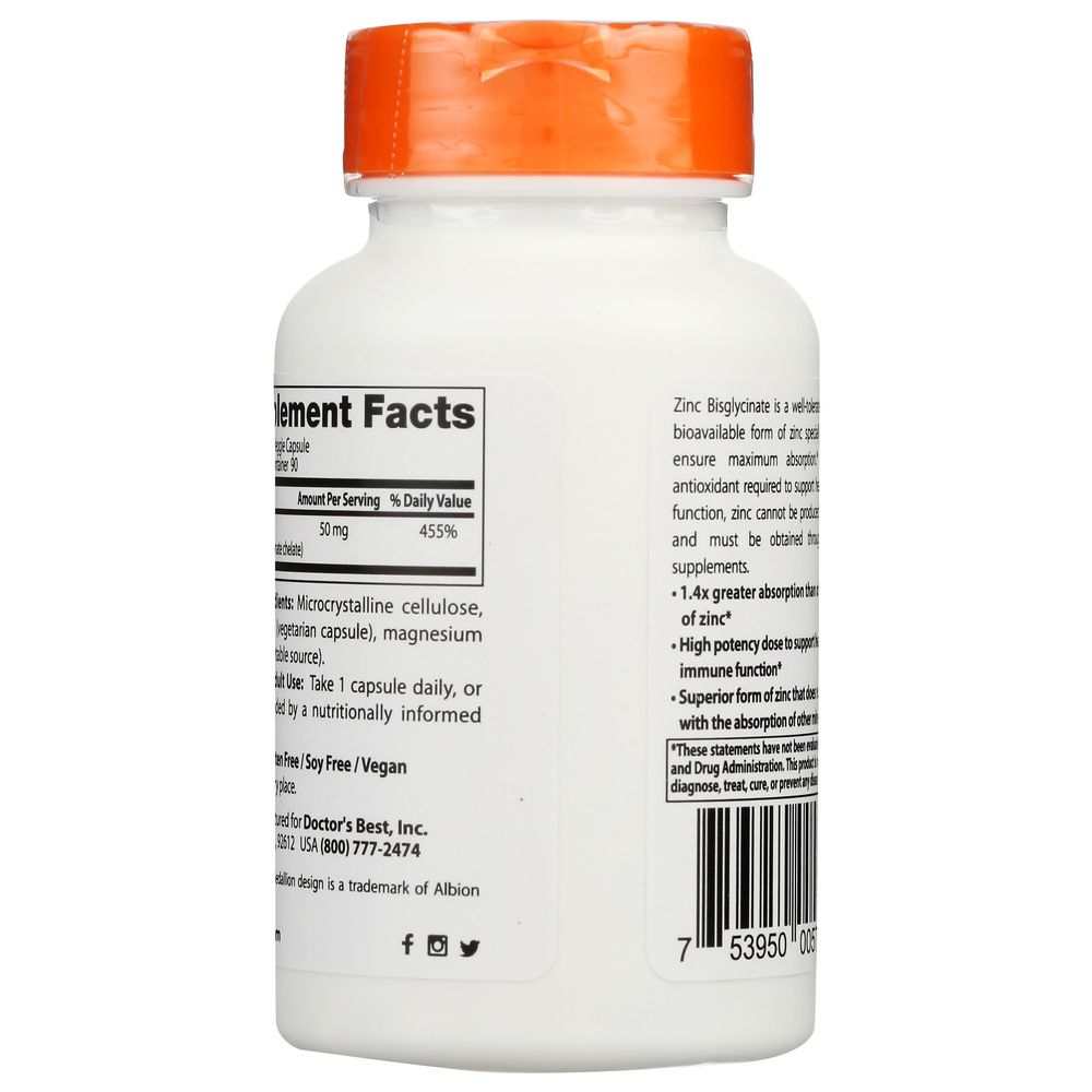 DOCTOR'S BEST: High Absorption Zinc Bisglycinate 50Mg, 90 vc