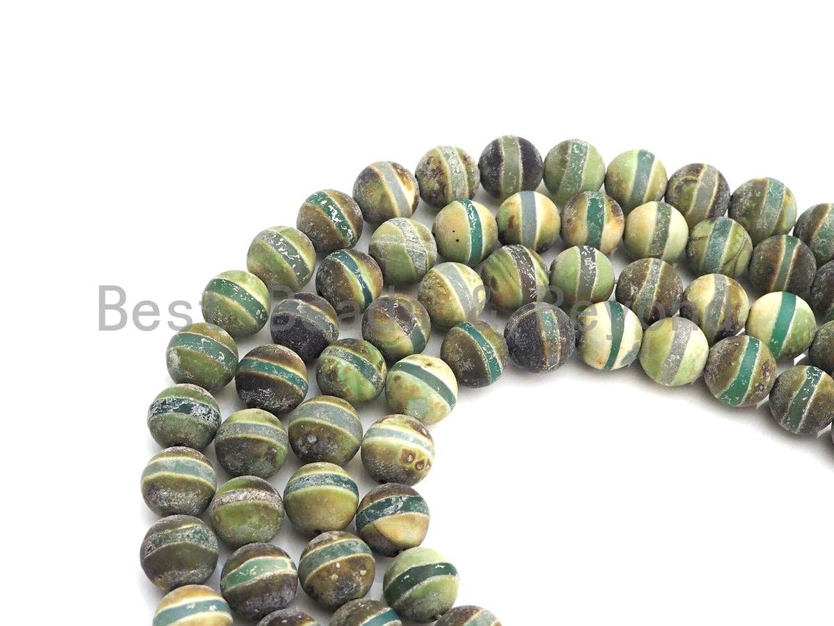 Green Matt Agate with One Line Round Smooth Beads, Sku#U929