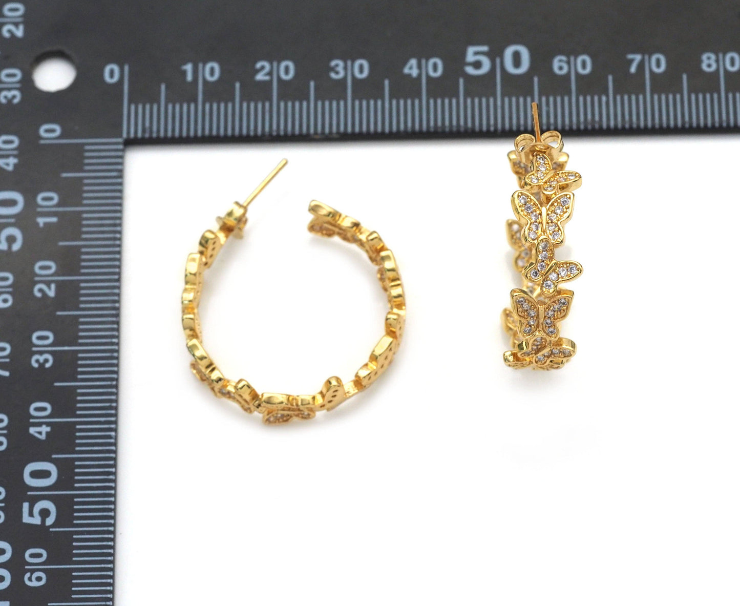CZ Gold Butterfly Round Stud Earrings, Sku#J370
