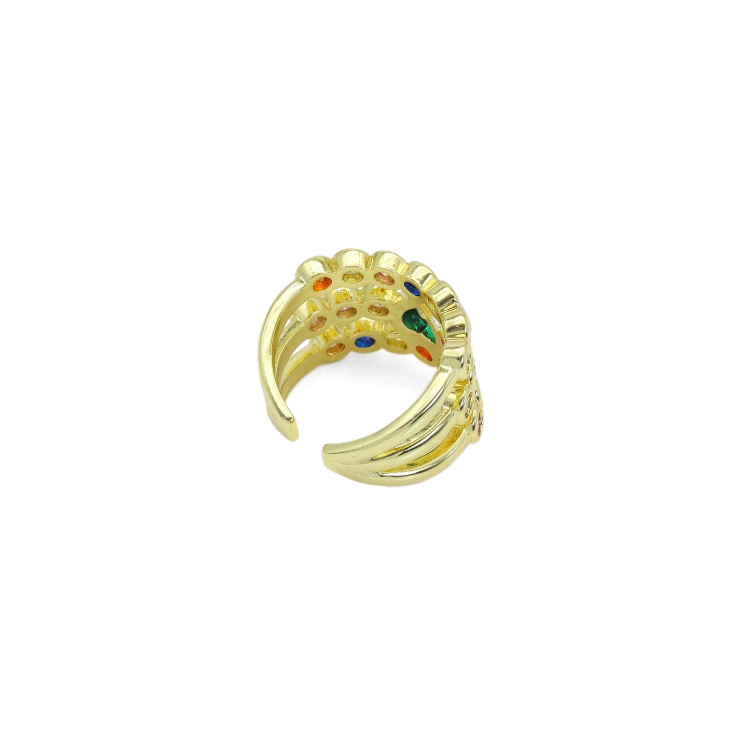 Colorful CZ Green Heart Multiline Gold Adjustable Ring, Sku#Z1480