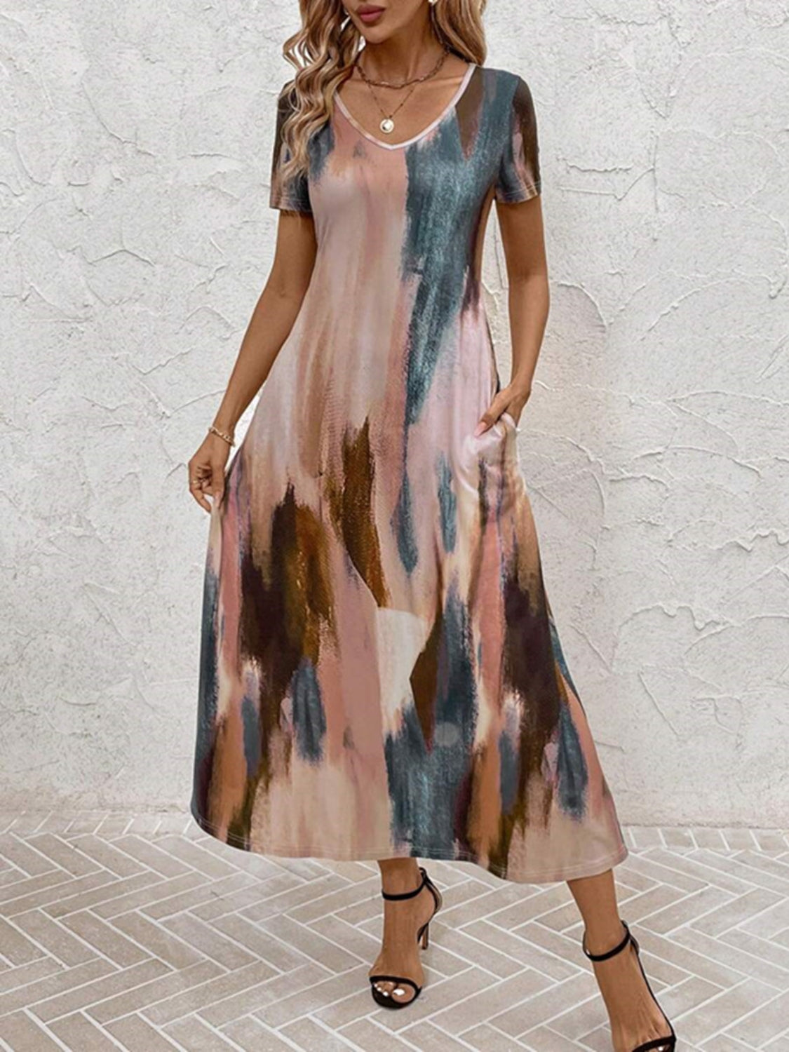 Tie-Dye V-Neck Short Sleeve Midi Tee Dress