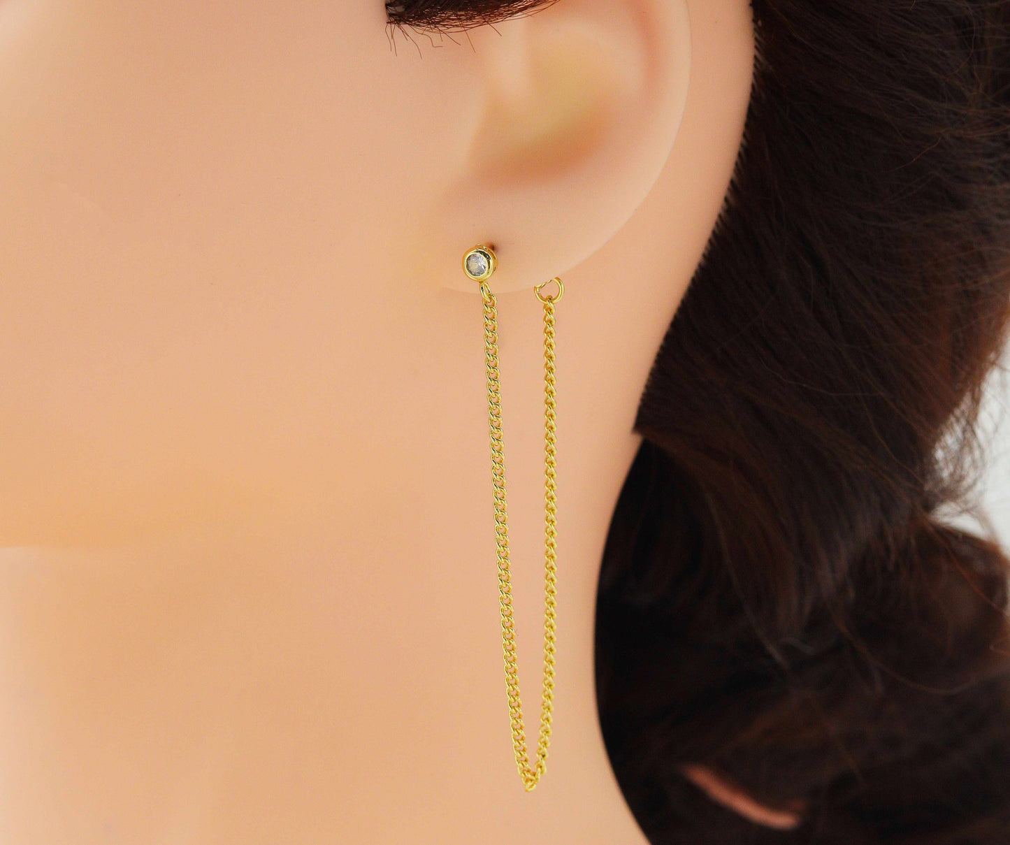 Pave Round Rectangle Stud Dangle Chain Earrings, sku#B203