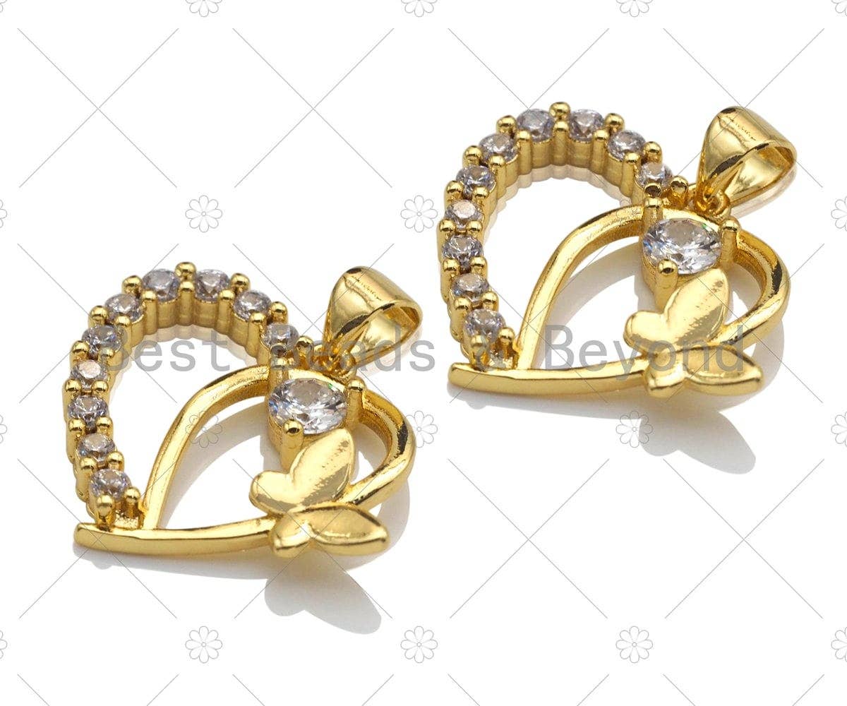 18K Gold Butterfly On Heart Shape Pendant,Heart Charm, Heart Pave Pendant, Gold plated, 19x22mm, Sku#LK52